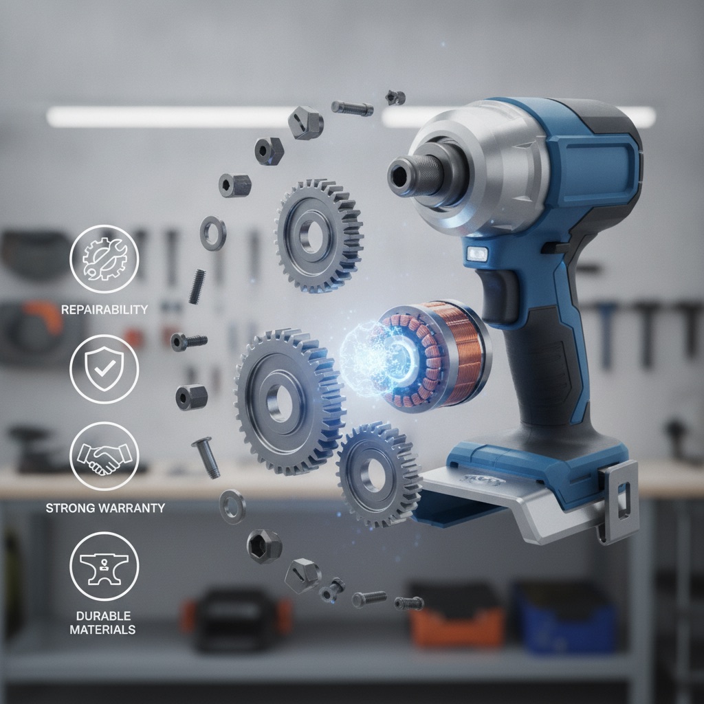 An exploded view of a power tool reveals its durable internal parts like a brushless motor and metal gears, with icons highlighting durable materials, repairability, and a strong warranty.