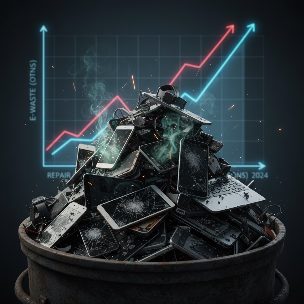 A pile of broken consumer electronics with cracked screens and damaged casings, symbolizing the economic waste and frustration caused by product fragility and planned obsolescence.