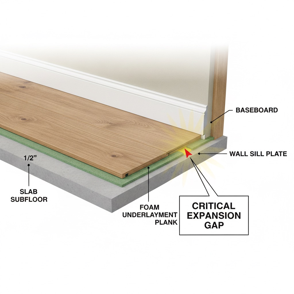 A technical cross-section diagram illustrating the critical expansion gap between a floating floor plank and a wall, which is hidden by a baseboard.