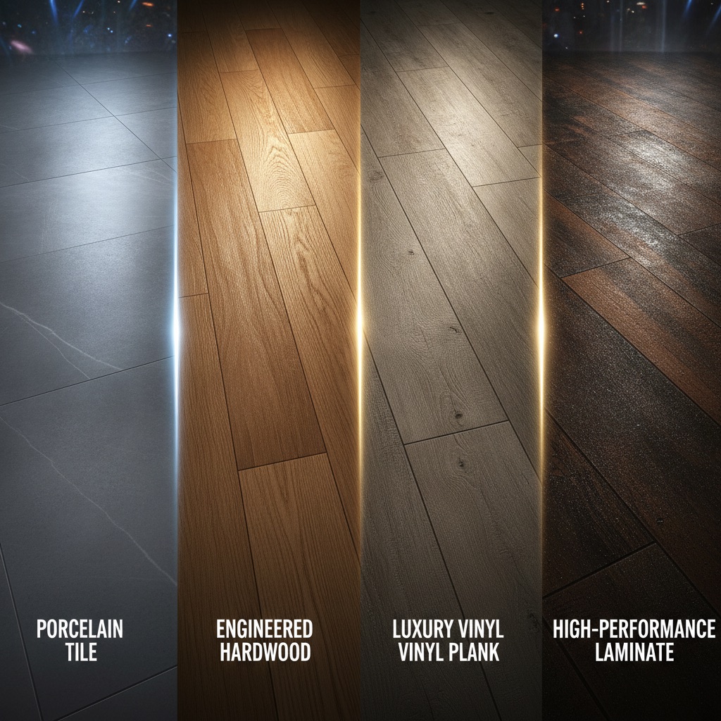 A split-panel image showing four types of durable flooring side-by-side: porcelain tile, engineered hardwood, luxury vinyl plank, and laminate.