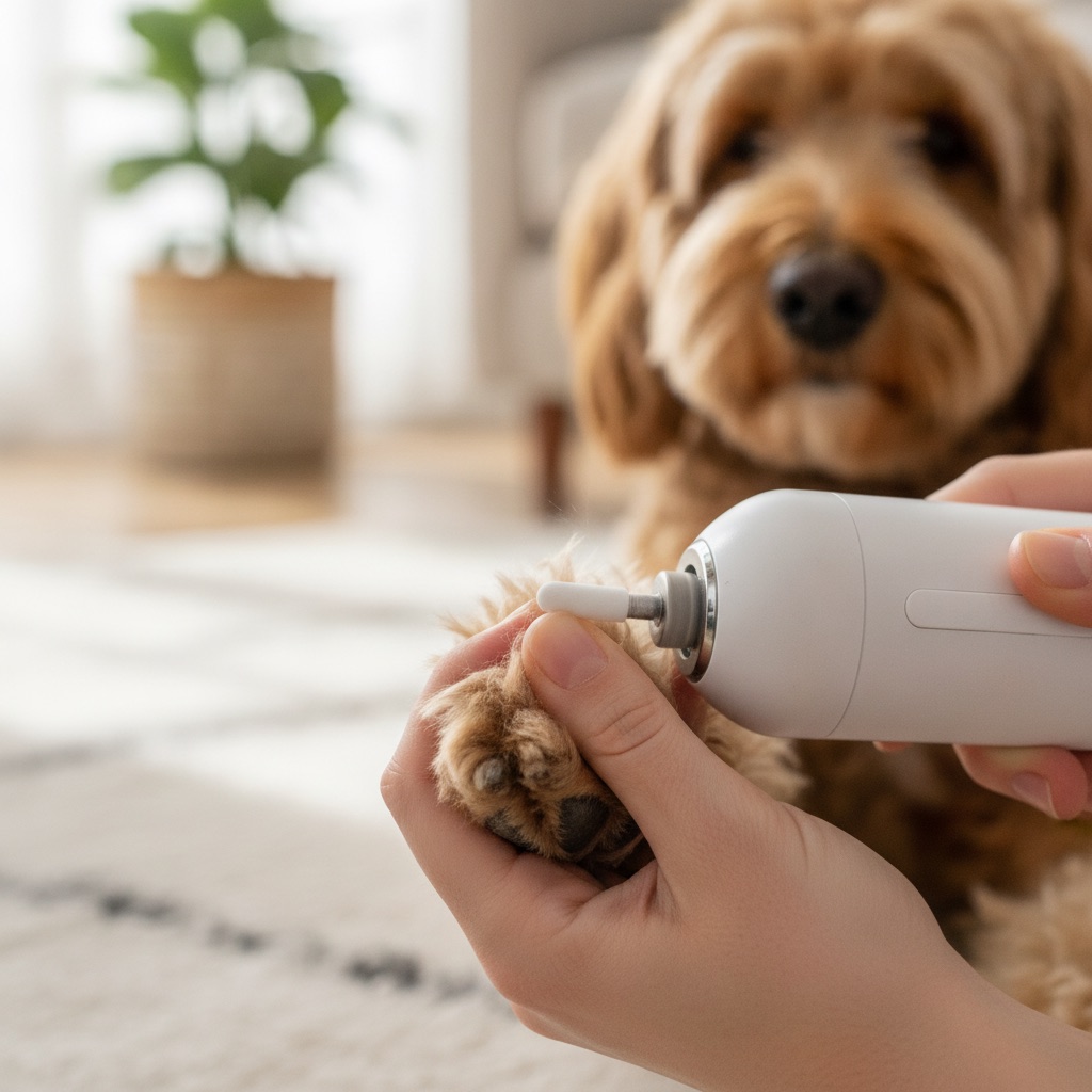 A close-up photo of a person using a nail grinder on a dog's paw, demonstrating proper pet nail care.