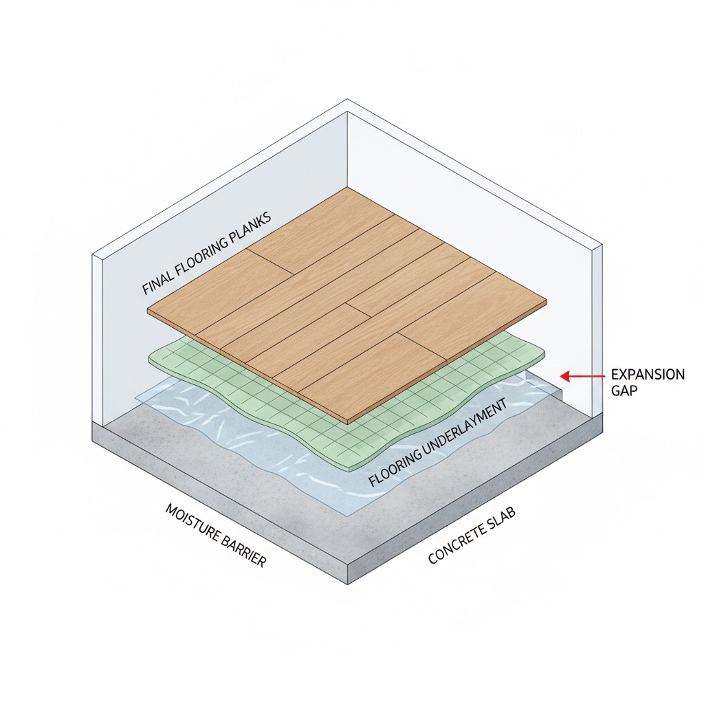 An infographic showing the correct layers for a flooring installation over concrete: the concrete slab, a moisture barrier, underlayment, and flooring planks, with an arrow pointing to the expansion gap at the wall.