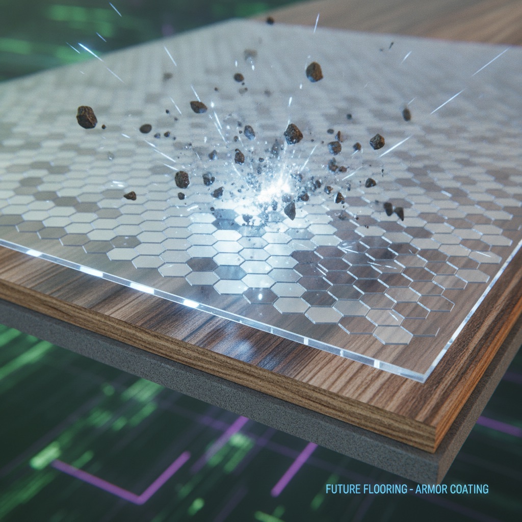 A microscopic cross-section of a floor plank showing its protective armor. A top layer with aluminum oxide particles is deflecting sharp pieces of grit, illustrating its scratch-resistant technology.