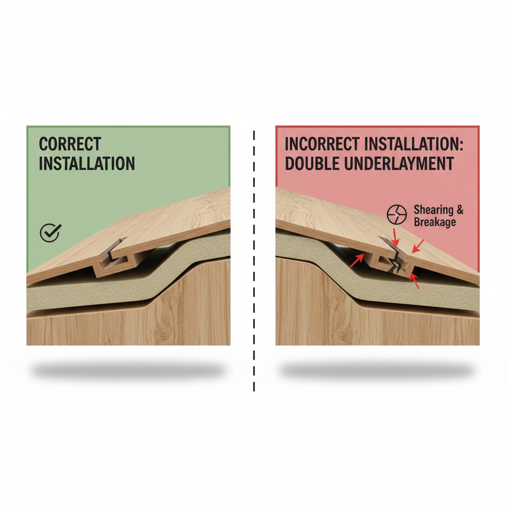 Diagram illustrating the danger of double underlayment, showing a correct installation with single underlayment versus an incorrect installation where double underlayment causes plank joints to shear.