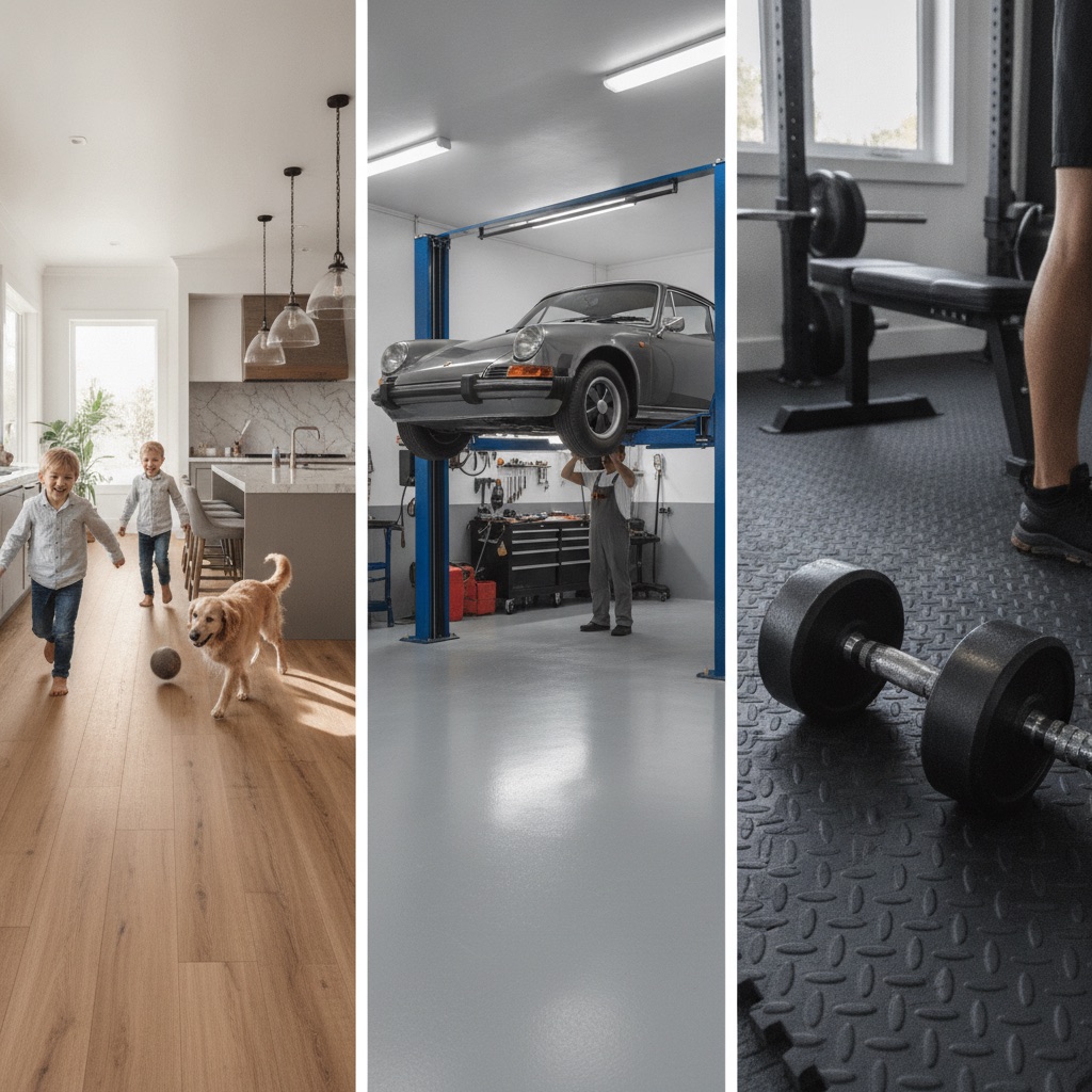 A clean, modern triptych (three-panel image). The left panel shows a sunlit, high-traffic home kitchen with beautiful luxury vinyl plank flooring, with kids and a dog playing. The middle panel shows a tough, seamless gray epoxy floor in a clean, well-lit auto garage with a car on a lift. The right panel shows thick, black rubber flooring in a home gym with heavy dumbbells resting on it. The style is bright, photorealistic, and aspirational, clearly linking each flooring type to its ideal environment.