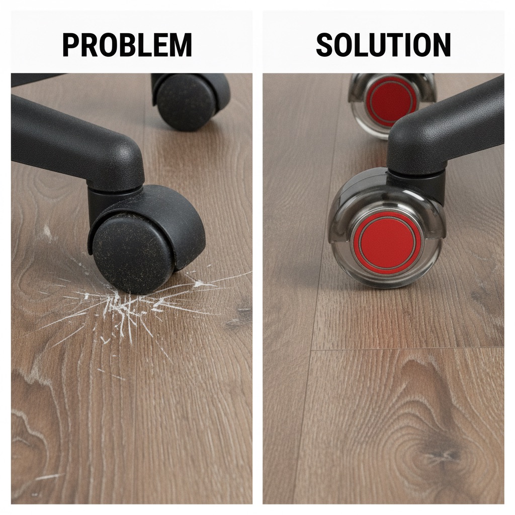 Split-panel image comparing a hard plastic caster damaging a floor to a soft polyurethane 'rollerblade style' wheel protecting it.