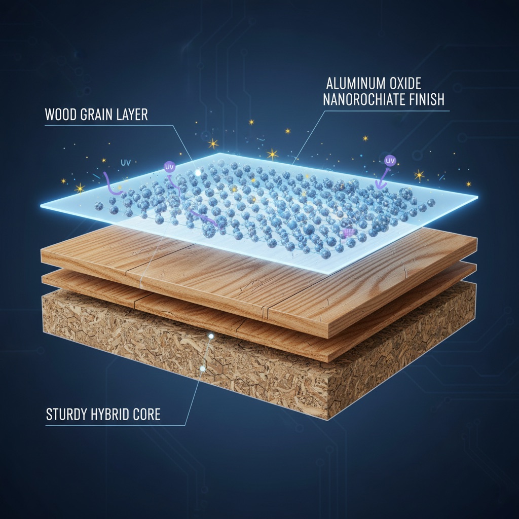 Cross-section diagram of an adamantine flooring plank, showing a hybrid core topped with a glowing aluminum oxide nanoparticle finish deflecting impacts and UV rays.