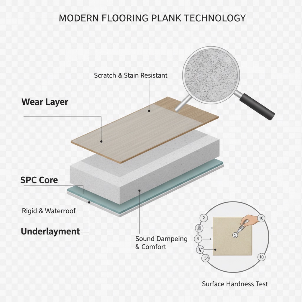 An educational infographic showing a cross-section of a flooring plank with layers labeled 'Wear Layer,' 'SPC Core,' and 'Underlayment,' explaining the science of durability.