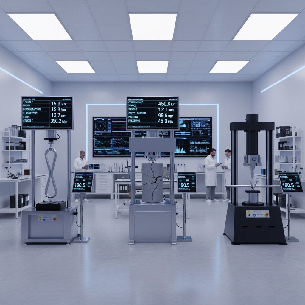 A laboratory setting showing various material durability tests: tensile, compressive, and impact resistance.