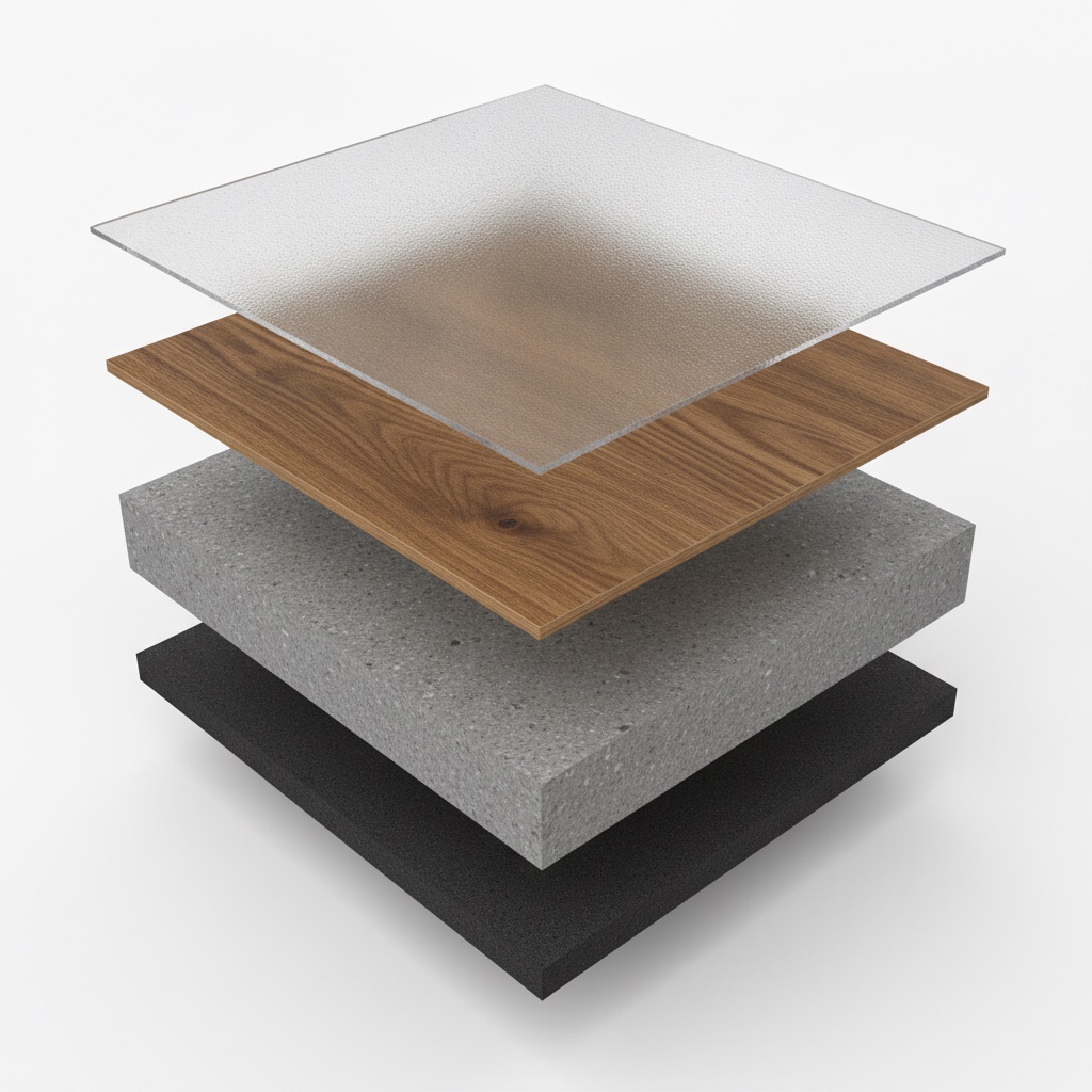 A cross-section illustration of a rigid core luxury vinyl plank, showing its multiple layers: wear layer, decorative layer, SPC rigid core, and underlayment pad.
