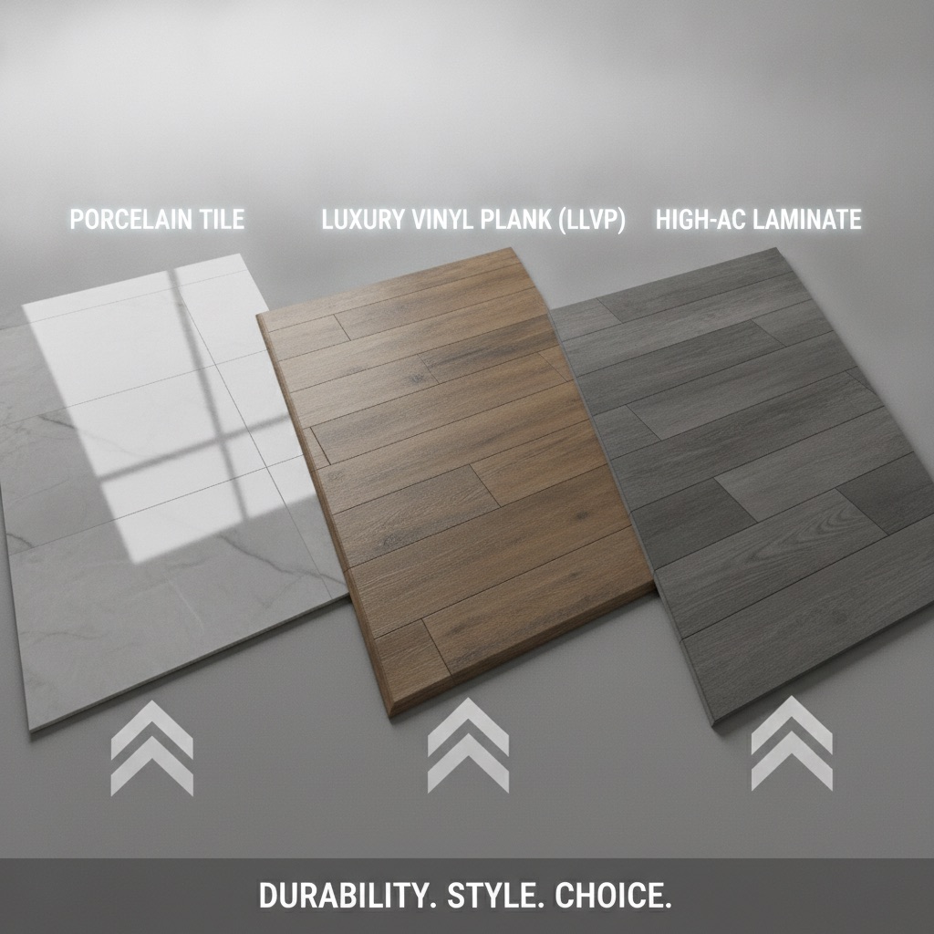 Side-by-side comparison of durable flooring types: porcelain tile, luxury vinyl plank (LVP), and high-AC laminate.