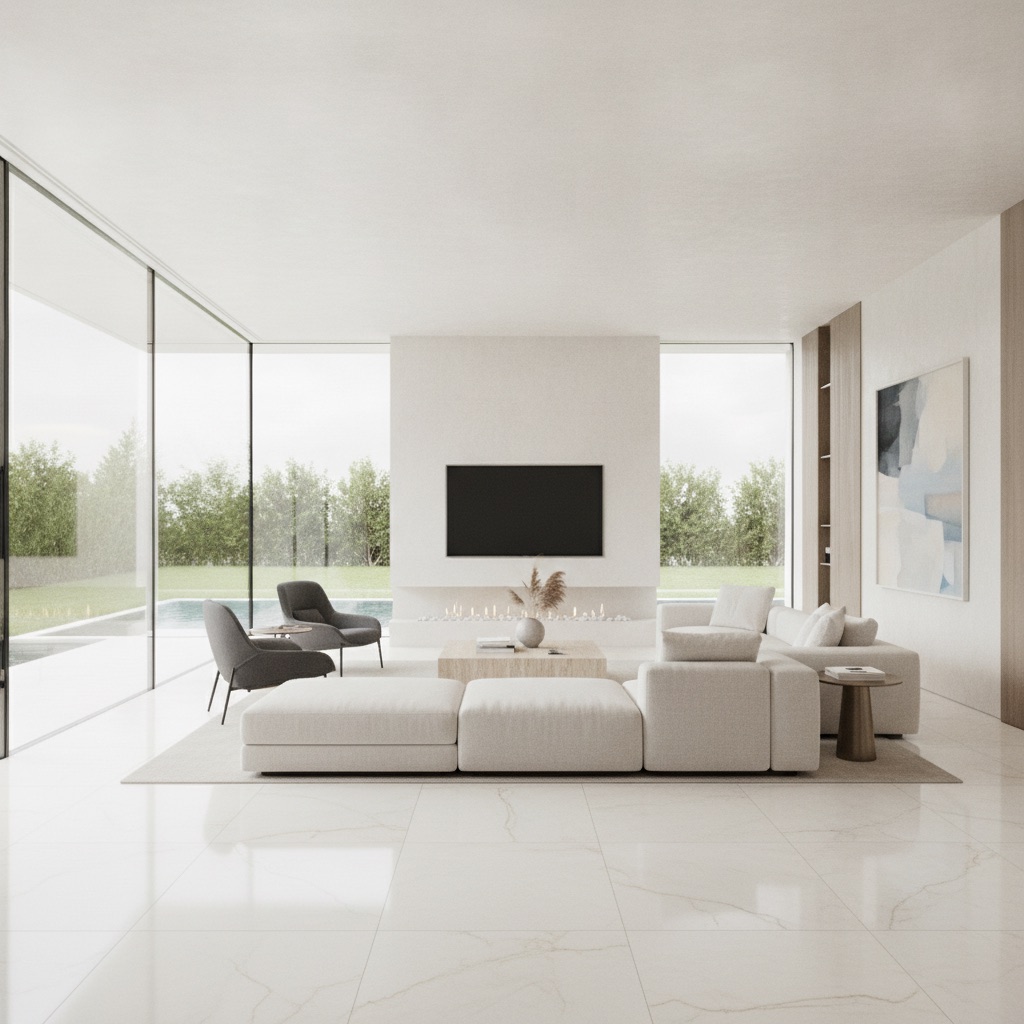 A luxurious, sunlit living room with large windows and pristine, modern porcelain tile flooring that is completely unaffected by the sunlight.