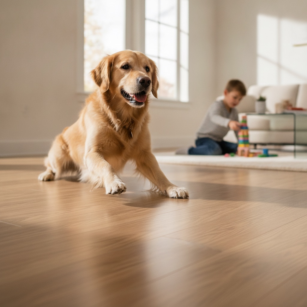 A photorealistic shot of a modern living room where a large dog playfully slides on a pristine SPC luxury vinyl plank floor, demonstrating its resilience to pet claws and family life.