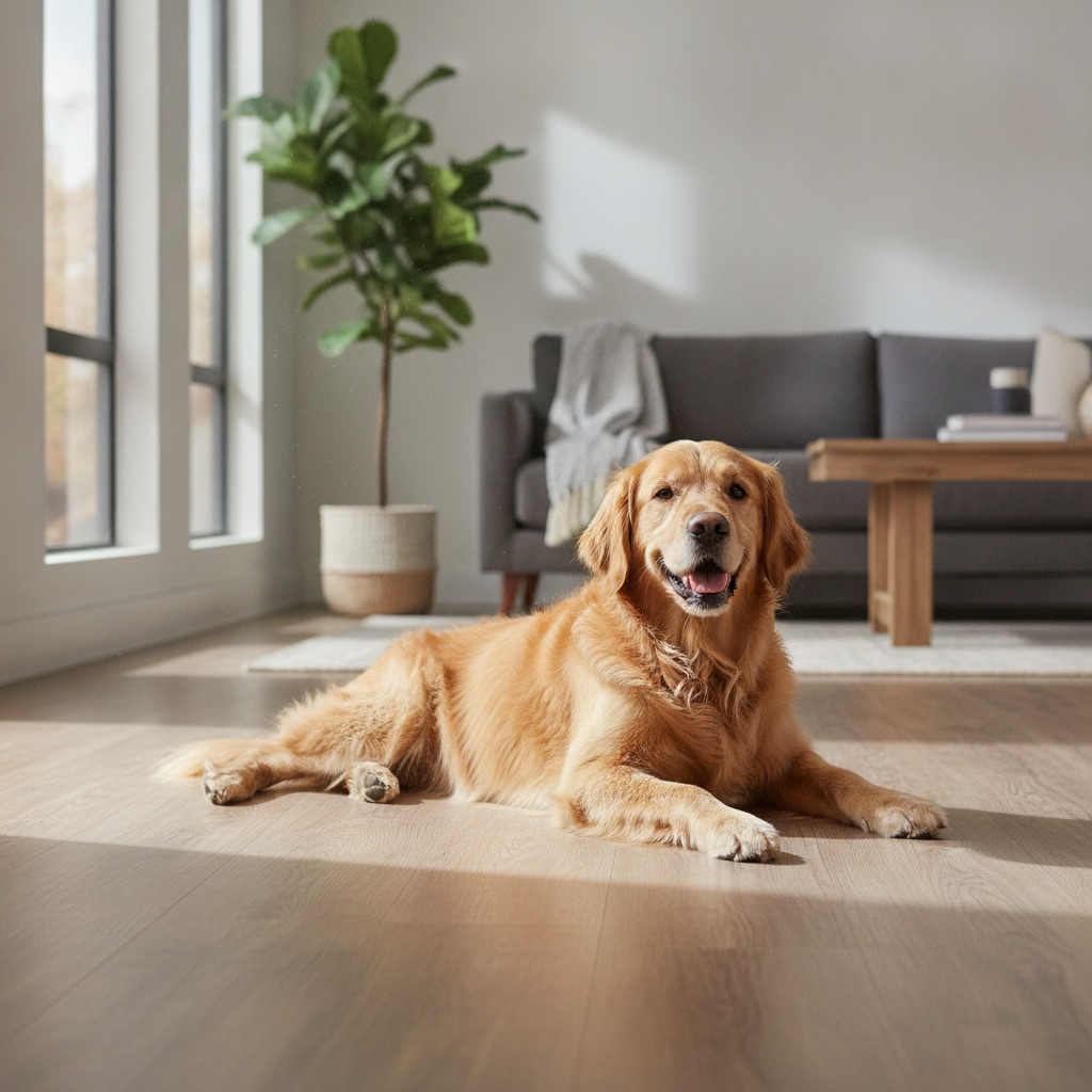A happy golden retriever lounging comfortably on a scratch-resistant luxury vinyl plank floor in a sunlit living room, demonstrating a pet-friendly flooring option.