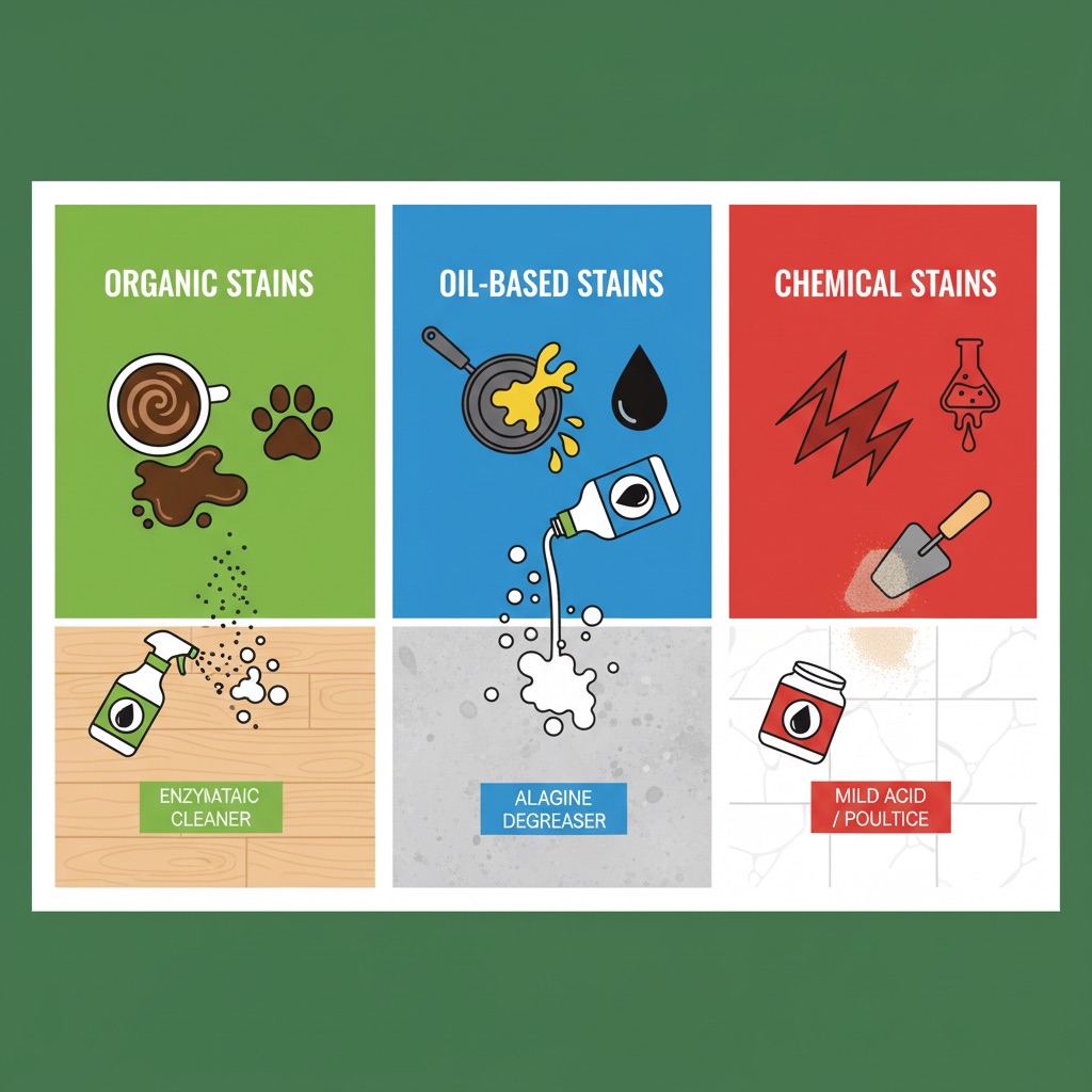 An infographic illustrating the 'Stain Removal Matrix' with three sections: Organic, Oil-Based, and Chemical stains, showing appropriate cleaning agents for each.