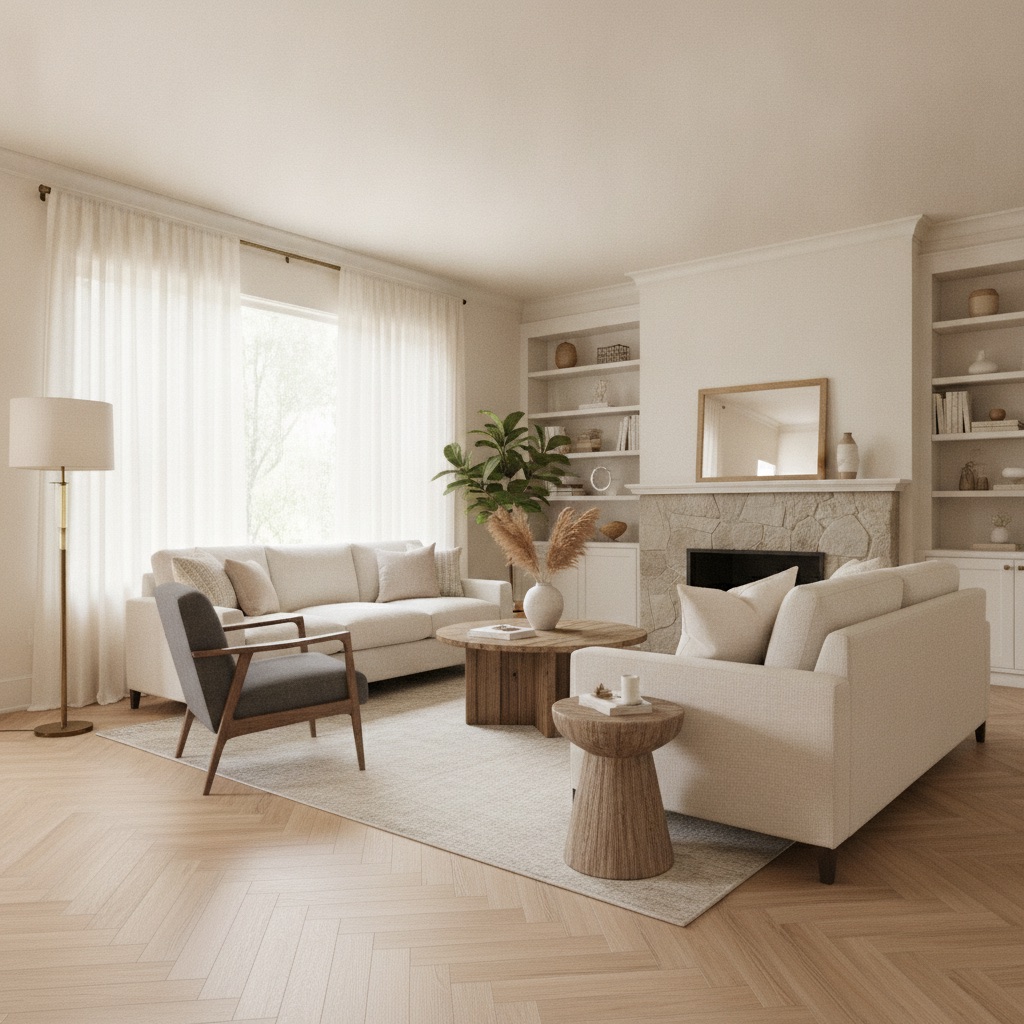 A sun-drenched living room with timeless decor, featuring a light oak herringbone LVP floor that enhances the bright and elegant atmosphere.