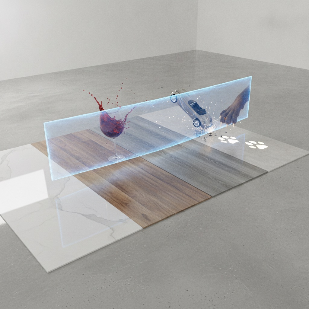 A 3D render of four durable flooring types—porcelain tile, LVP, laminate, and concrete—protected by a shield from spills, drops, and pet claws.
