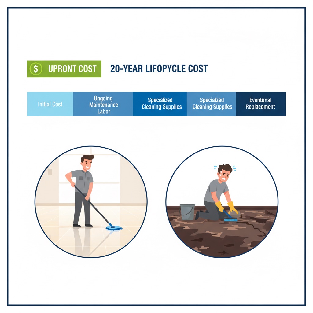 An infographic-style illustration depicting the 'Total Cost of Ownership' for flooring over a 20-year lifecycle. On the left, a small, vibrant bar labeled 'Upfront Cost' with a dollar sign. On the right, a much larger, segmented bar labeled '20-Year Lifecycle Cost,' clearly showing segments for initial cost, ongoing maintenance labor, specialized cleaning supplies, and eventual replacement. Below this, contrast two scenes: a person effortlessly cleaning a pristine, seamless, easy-to-maintain floor with a microfiber mop, next to a heavily damaged, peeling, and stained floor requiring intense, costly repair work.
