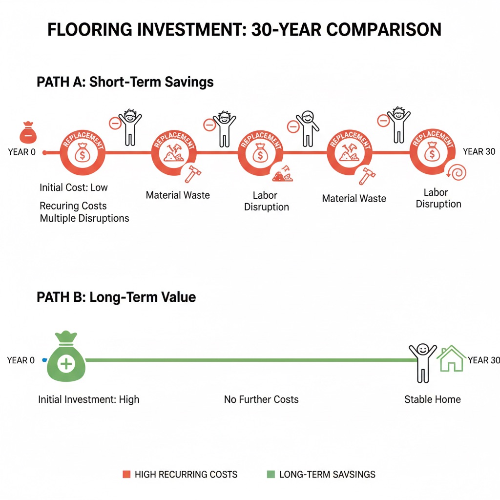 An infographic-style illustration comparing two timelines or paths for flooring investment over a 30-year period. Path A (top): shows a lower initial cost, but then multiple recurring 'replacement' events with associated costs (represented by money bags with minus signs, and frustrated stick figures). Path B (bottom): shows a higher initial investment (one larger money bag with a plus sign), followed by a long, smooth timeline with no further costs or disruptions, leading to a happy stick figure and a stable home icon. Include small icons representing disruption, labor, and material waste for Path A. Style: clean, minimalist infographic, using contrasting colors (e.g., red for high recurring costs, green for long-term savings) to clearly differentiate the two paths.