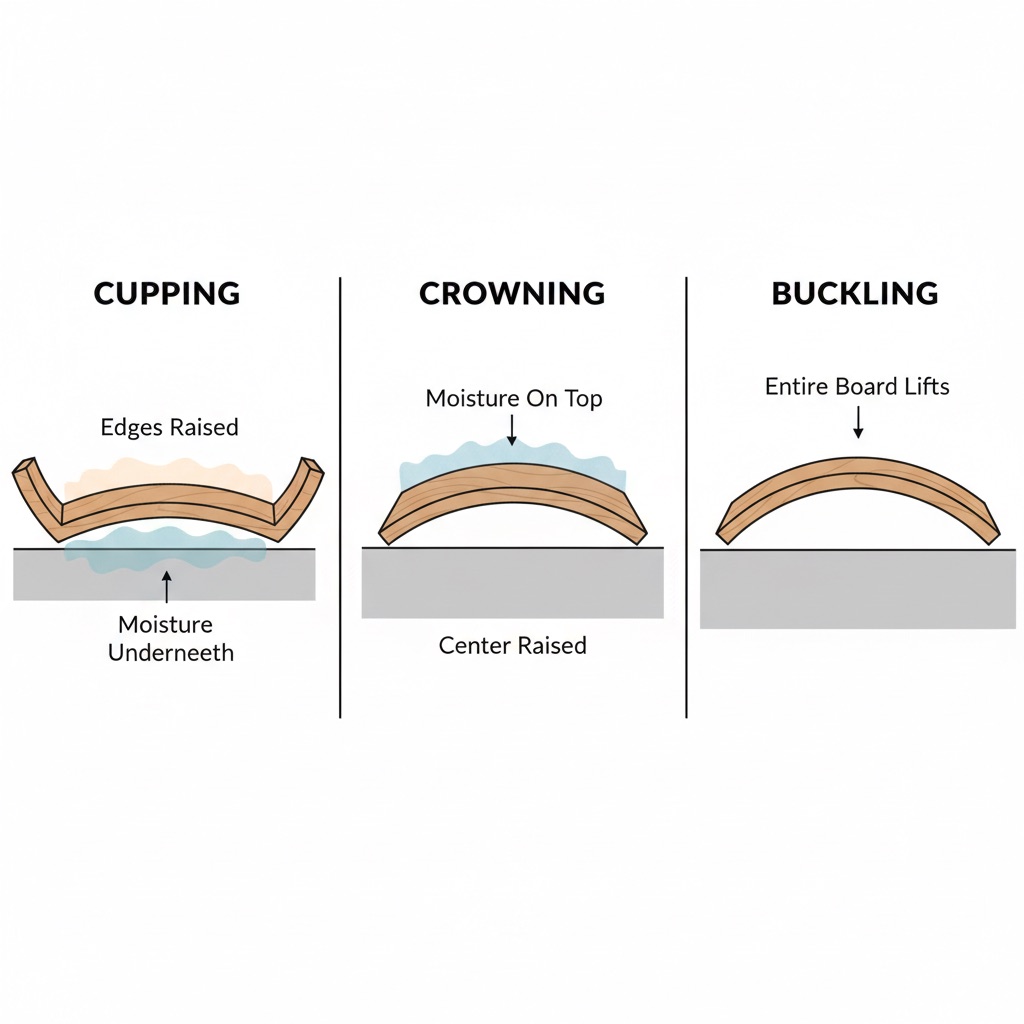 A clear, side-by-side diagram illustrating three types of warped floorboards: Cupping, Crowning, and Buckling. Each diagram should show a cross-section of a floorboard. For Cupping, depict the edges raised with moisture underneath. For Crowning, show the center raised with moisture on top. For Buckling, illustrate the entire board lifting significantly from the subfloor. Use simple, clean lines and subtle color differences to highlight the warping.