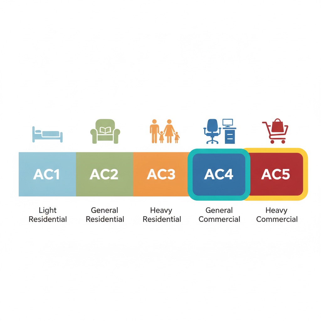 A modern, flat design infographic explaining the AC Rating for flooring durability. The graphic features a horizontal bar or a series of icons from AC1 to AC5. Each rating has a simple icon above it (e.g., AC1: a bed, AC3: a family silhouette, AC5: a shopping cart) and a short text label below ('Light Residential,' 'Heavy Residential,' 'Heavy Commercial'). The AC4 and AC5 sections are highlighted to indicate superior durability. Style: clean, vibrant accent colors, infographic, flat design, highly legible text.
