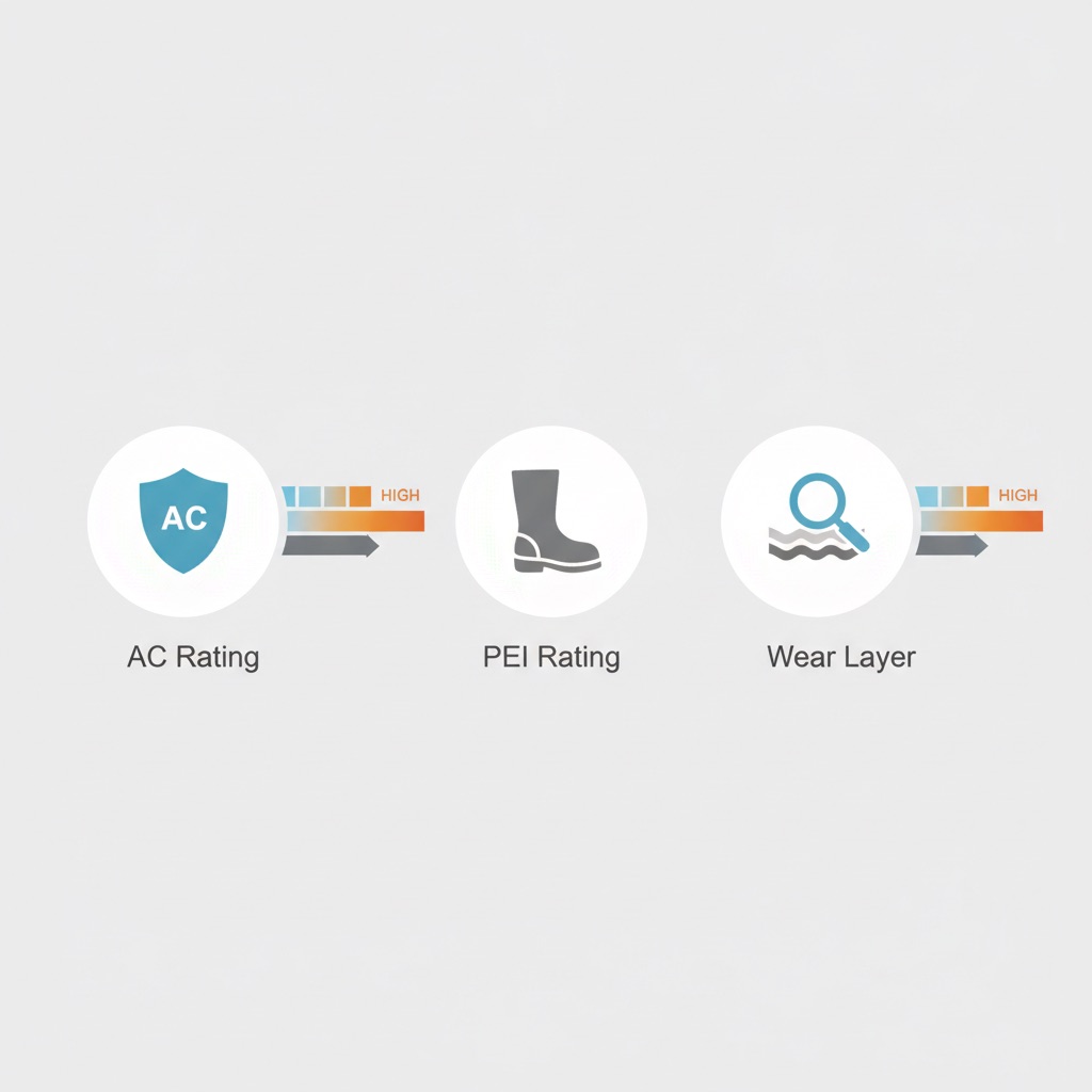 Infographic showing key flooring durability specs: AC Rating shield, PEI Rating boot print, and Wear Layer magnifying glass icons.