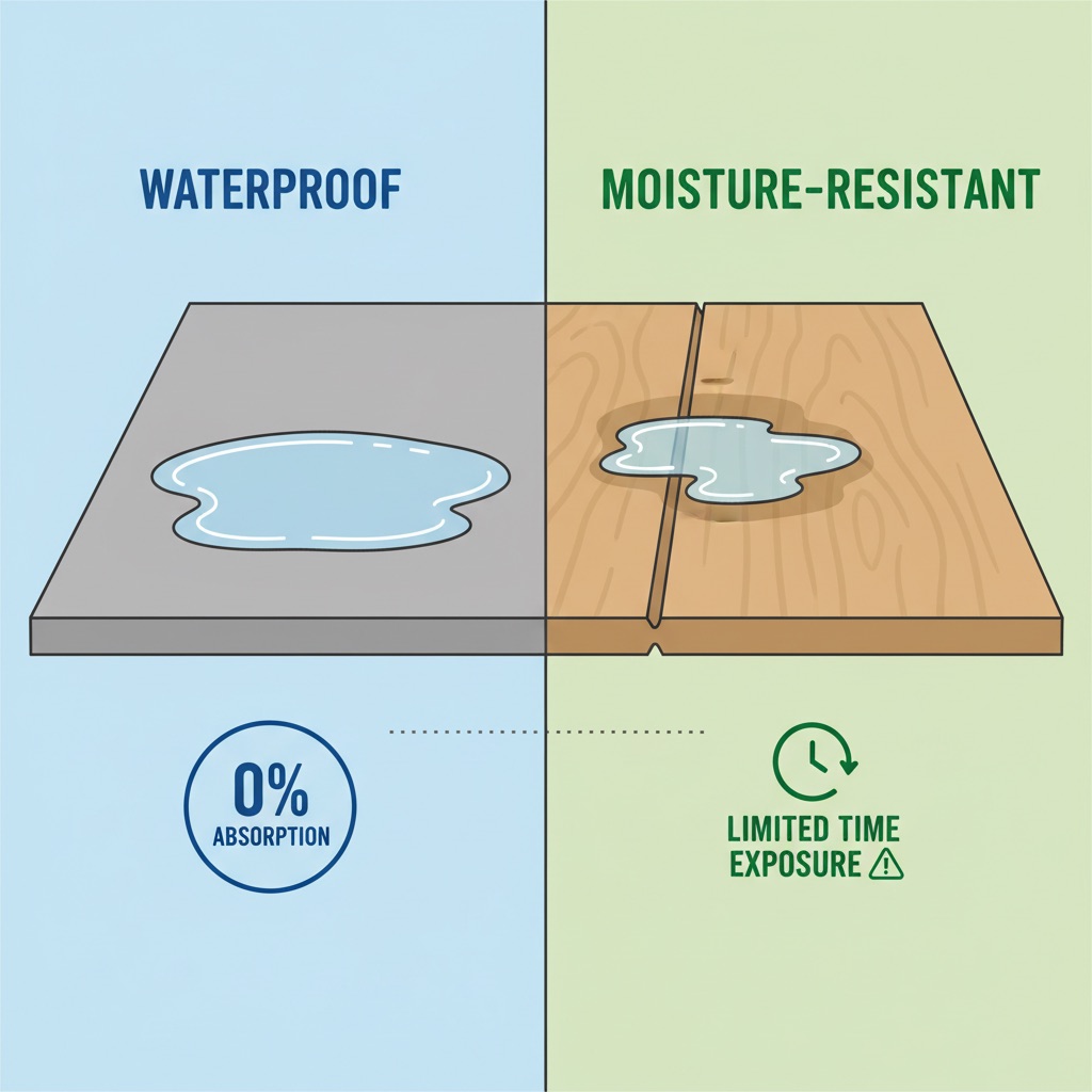 An infographic-style illustration contrasting 'Waterproof' and 'Moisture-Resistant' flooring. On the 'Waterproof' side, show a seamless, rigid core (like SPC or tile) with a pool of water sitting on it, not penetrating, perhaps with a '0% absorption' icon. On the 'Moisture-Resistant' side, show a laminate plank with water starting to seep into the seams after a period, indicated by a small clock icon and a 'limited time' warning. Use a clean, modern, flat design with clear visual cues.
