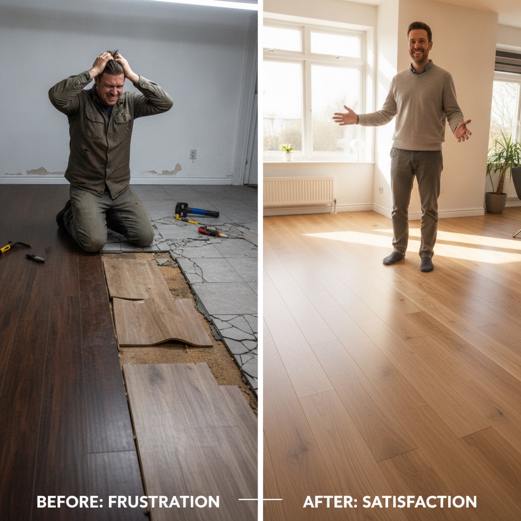 A split-image concept. The left side shows a homeowner looking frustrated at a floor with common failures: cupped hardwood, peeling vinyl planks, and cracked grout, under harsh, dim lighting. The right side shows the same homeowner smiling in a bright, beautifully lit room with a perfect, newly installed floor, highlighting the positive outcome of making an informed choice. Style: Photorealistic, strong emotional contrast, before-and-after storytelling.