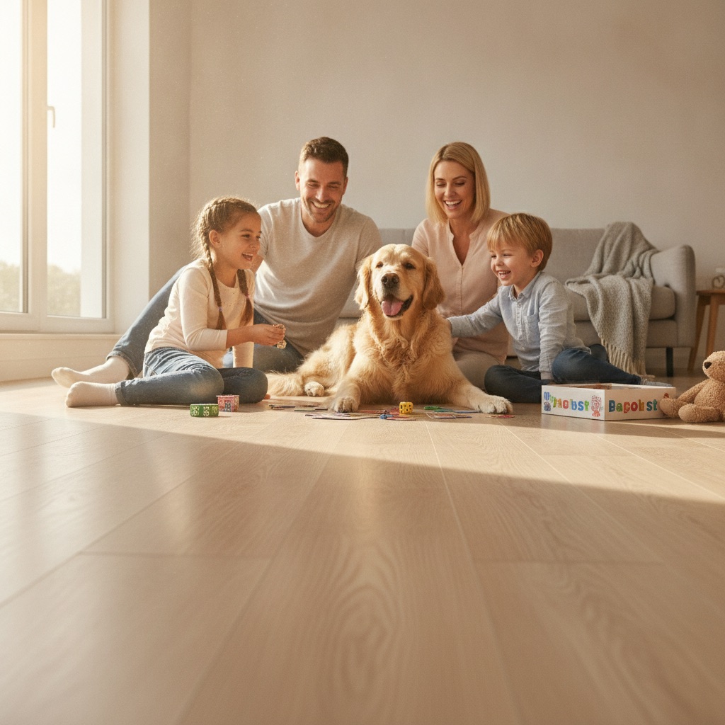 A family with children and a dog playing happily on a clean, unscratched SPC floor, demonstrating a worry-free lifestyle with durable flooring.