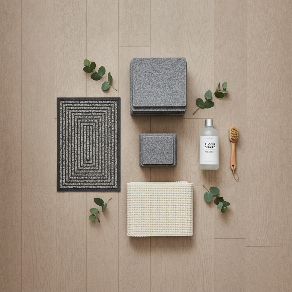 A clean, organized flat lay composition of a 'floor protection toolkit' on a beautiful, durable floor. The toolkit includes thick felt furniture pads, a stylish doormat, a bottle of enzymatic cleaner, and a high-quality rug pad. The arrangement is neat and visually pleasing, suggesting proactive care.