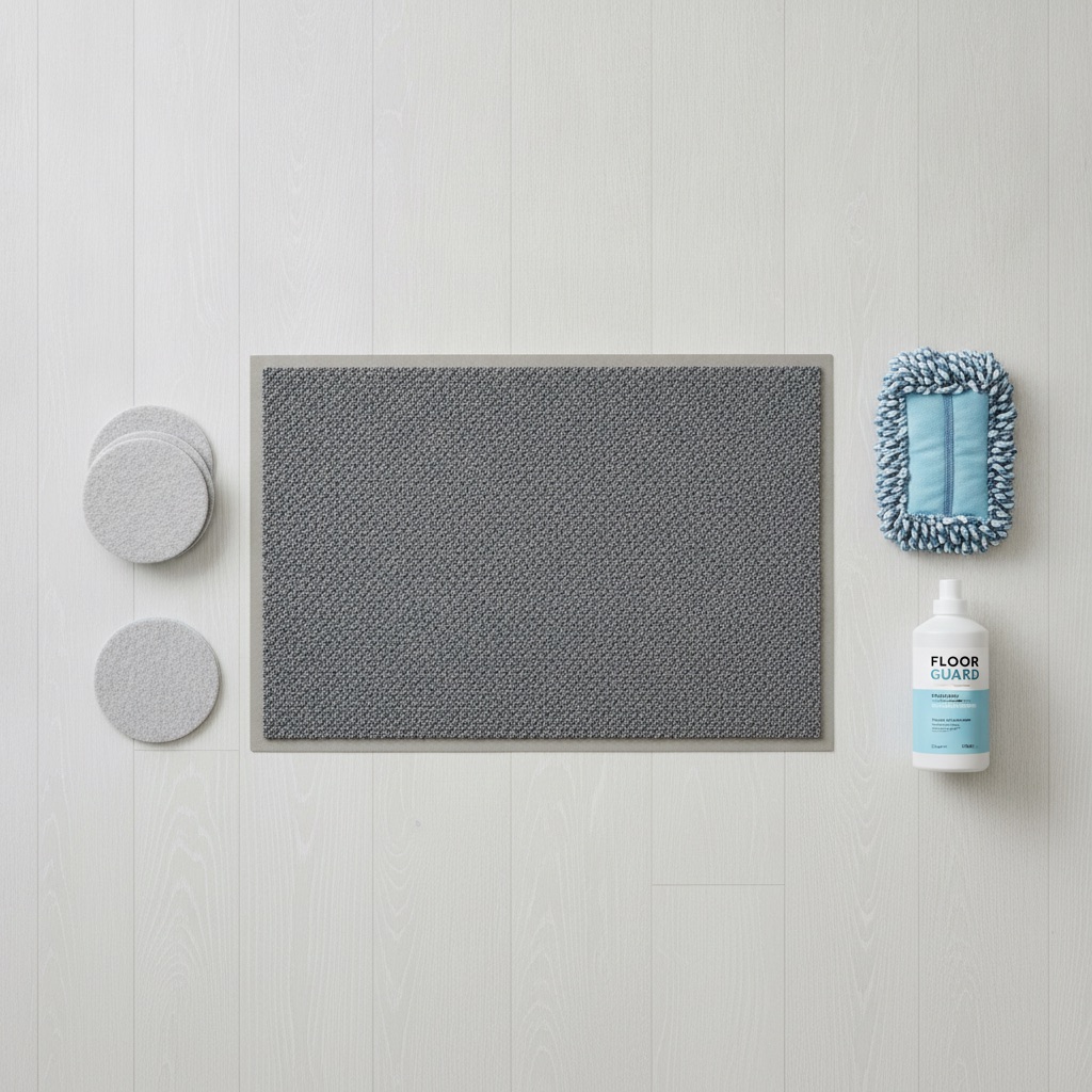 A flat-lay photograph of floor protection items: felt furniture pads, an entryway doormat, and a bottle of pH-neutral cleaner with a microfiber mop head.