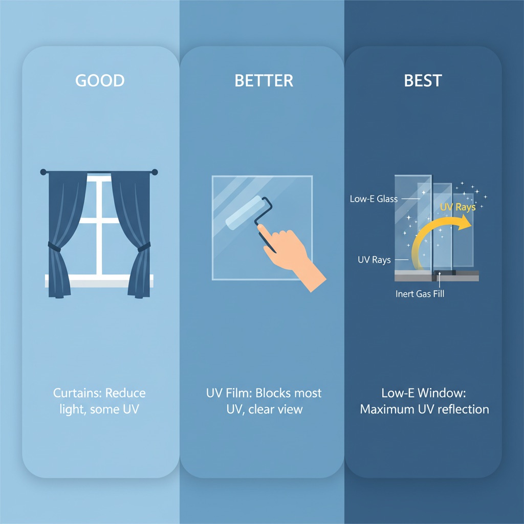 Infographic illustrating three tiers of UV defense for floors: 'Good' shows curtains, 'Better' shows UV-blocking window film, and 'Best' shows a Low-E window reflecting UV rays.