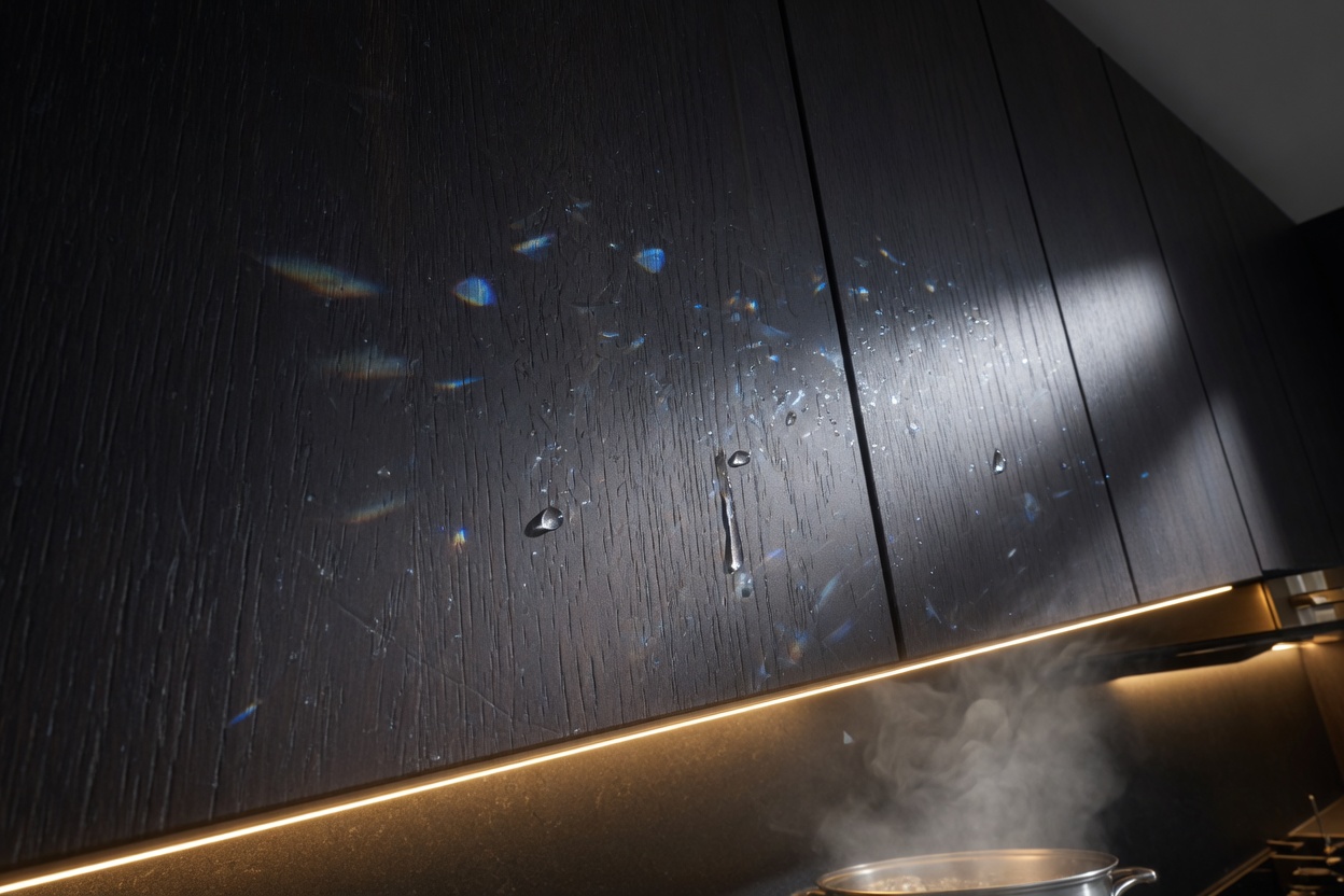 Kitchen steam drifting past dark cabinet doors with a crystalline shimmer bonded to the wood